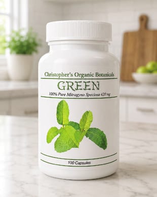 Bottle of natural kratom leaf capsules